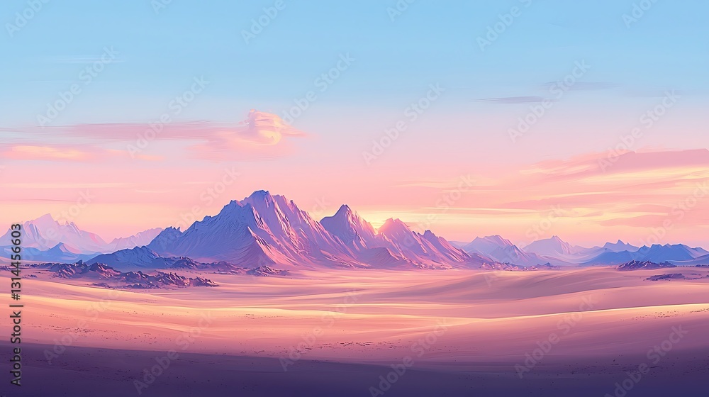 Serene Desert Landscape at Sunset Pink Mountains and Sandy Dunes Serene Desert Landscape at Sunset Pink Mountains and Sandy Dunes