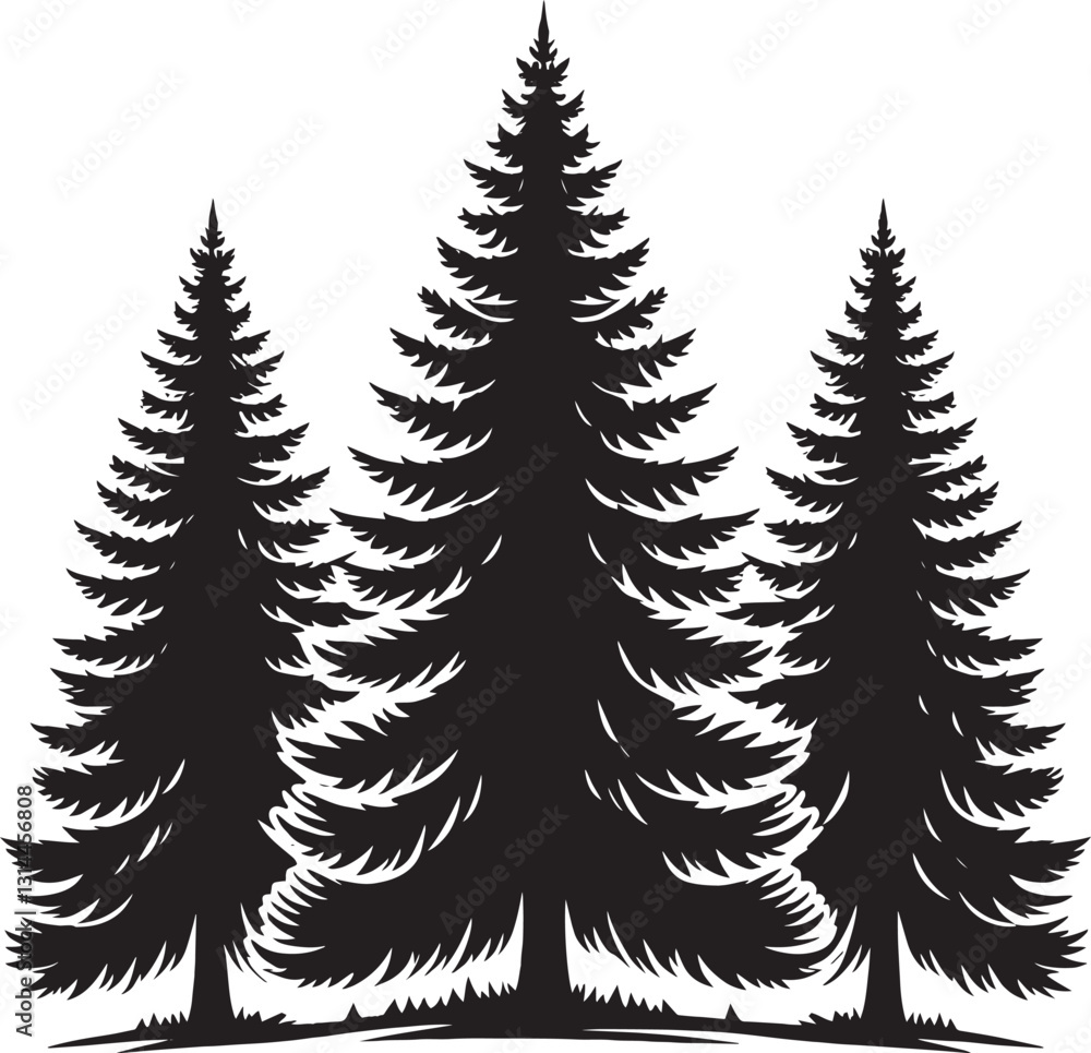 Fototapeta premium Pine Trees Forest Landscape silhouette vector illustration isolated on a white background