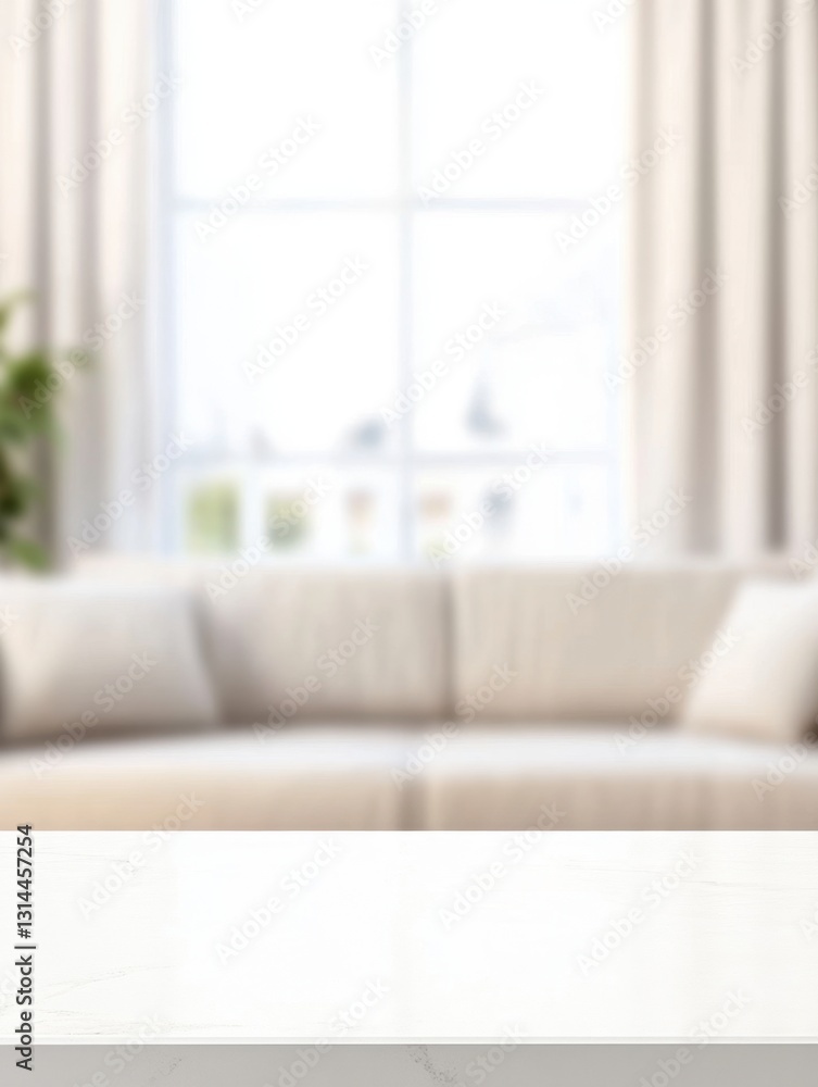 Fototapeta premium Bright living space featuring an empty white tabletop in front of a couch, window with curtains