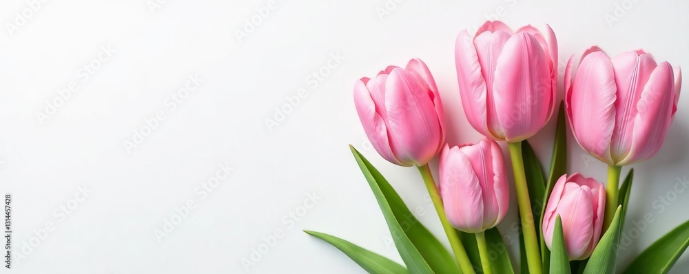 Beautiful pink tulip flowers on a white backdrop, fresh, flora Beautiful pink tulip flowers on a white backdrop, fresh, flora