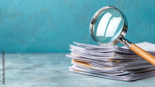 Magnifying Glass Over Stack of Papers on Blue Background