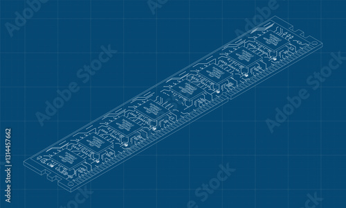 Isometric random access memory blueprint. RAM memory realistic 3d isometric. Computer hardware components. Vector illustration