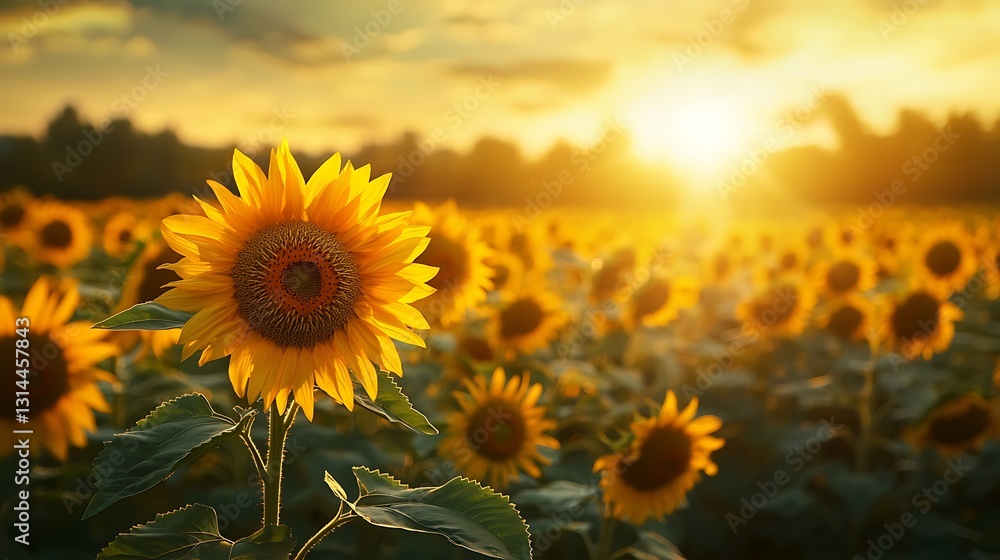 Fototapeta premium Vibrant Sunflowers at Sunset in a Golden Field Summer Nature Photography