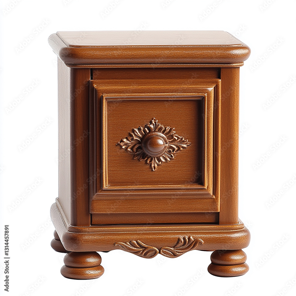 Fototapeta premium Elegant brown wooden nightstand with intricate carving detailing classic bedroom furniture oak home rich dark chic table
