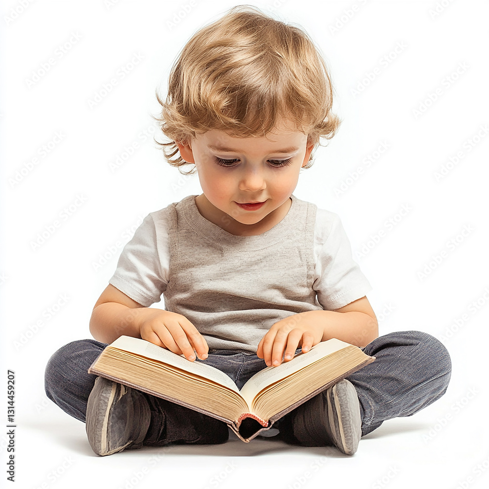 Adorable toddler boy sitting cross legged reading a large book carefully concentrating kid cute text kids baby child Adorable toddler boy sitting cross legged reading a large book carefully concentrating kid cute text kids baby child