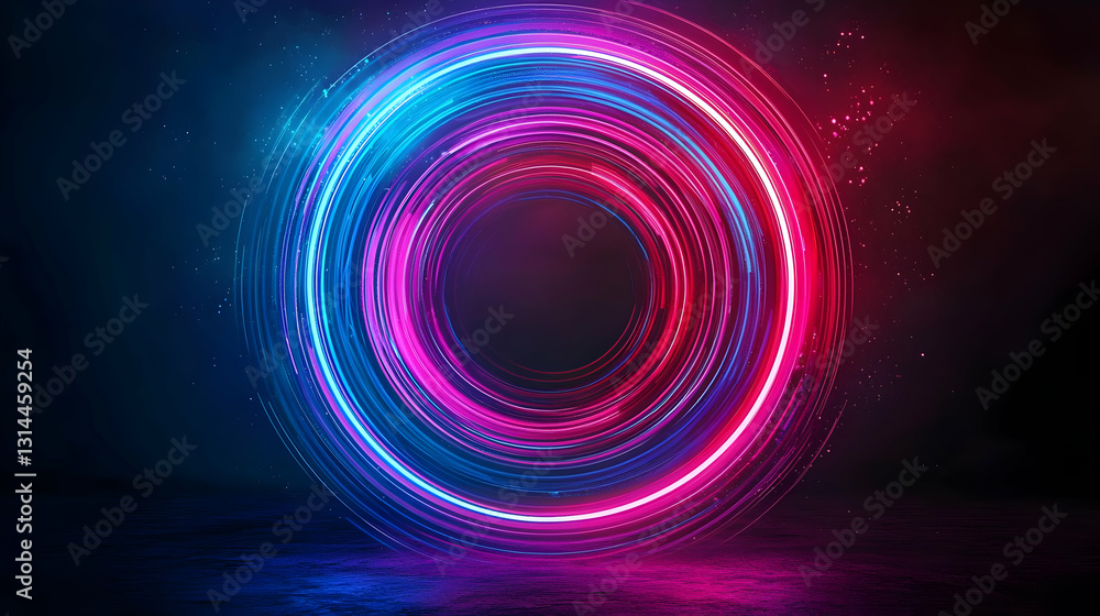 Vivid Pink And Blue Neon Glowing Pixelated Circle In Dark Room With Futuristic Cyberpunk Style And Grunge Floor Vivid Pink And Blue Neon Glowing Pixelated Circle In Dark Room With Futuristic Cyberpunk Style And Grunge Floor