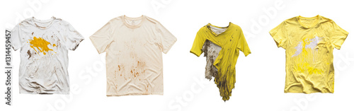 A yellow T shirt, heavily stained and isolated on a transparent background, is suitable for illustrating activities that involve rugged or messy work, provided in png format