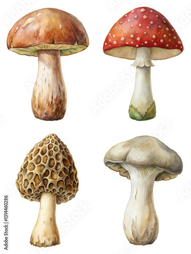 Watercolor mushroom illustrations, detailed botanical art, vibrant colors, nature-inspired design, perfect for culinary projects.
