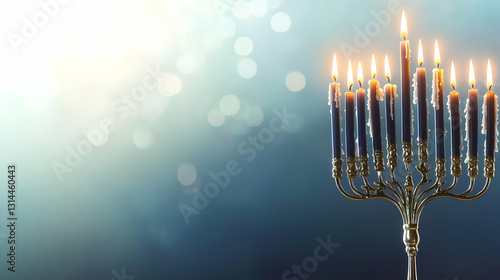 Glowing Silver Hanukkah Menorah with Nine Lit Blue Candles on a Soft Blurred Blue Background for the Jewish Holiday Celebration