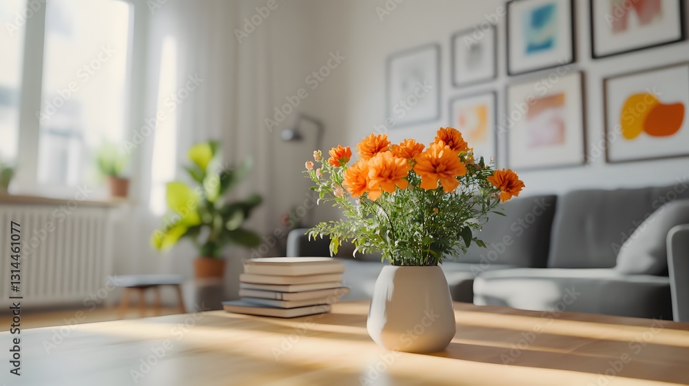 Bright Scandinavian Interior with Vibrant Flowers and Minimalist Decor in Cozy Living Room Setting Bright Scandinavian Interior with Vibrant Flowers and Minimalist Decor in Cozy Living Room Setting