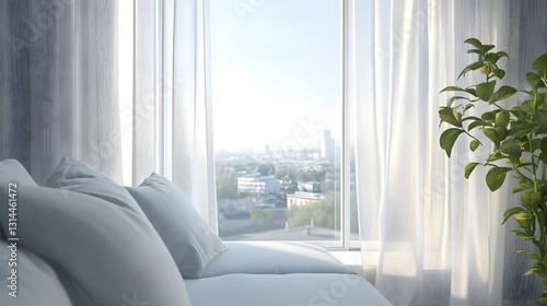 Serene Haven of Plush White Cushions and Gray Curtains with View of Urban Landscape Bathed in Natural Light