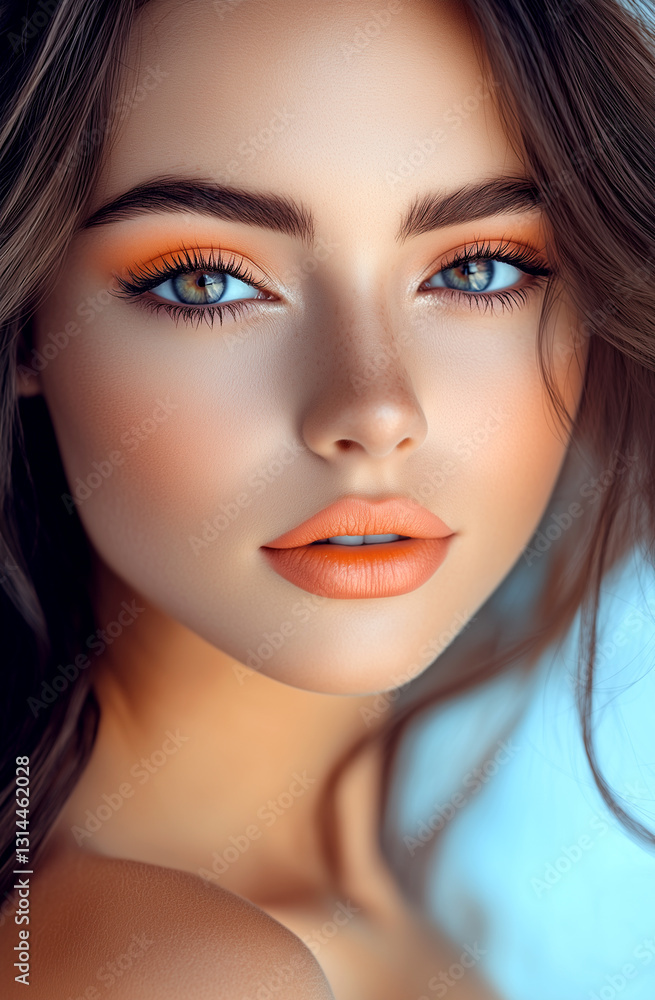 custom made wallpaper toronto digitalBeautiful brunette woman with a pink background, a perfect face, and beautiful eyes. Hyper-realistic, high-resolution artwork.