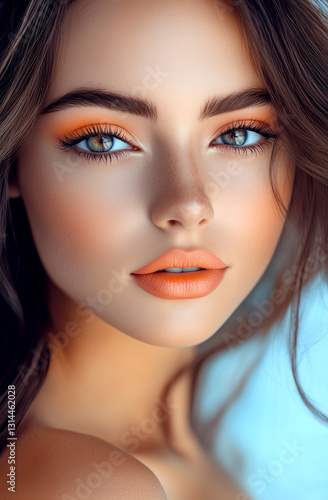 Wallpaper Mural Beautiful brunette woman with a pink background, a perfect face, and beautiful eyes. Hyper-realistic, high-resolution artwork. Torontodigital.ca