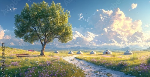 A large tree in the foreground, there is an endless grassland with purple flowers on both sides of it, green hills and white yurts in the background
