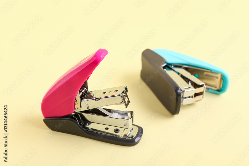 Different modern staplers on yellow background Different modern staplers on yellow background