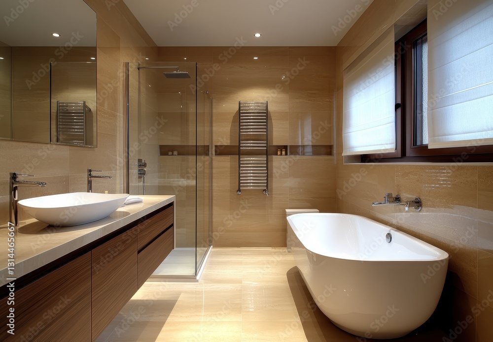 Elegant and Modern Bathroom Interior with Freestanding Bathtub, Large Shower, Minimalist Design, Warm Lighting and Earthy Tones for Relaxation and Comfort Elegant and Modern Bathroom Interior with Freestanding Bathtub, Large Shower, Minimalist Design, Warm Lighting and Earthy Tones for Relaxation and Comfort