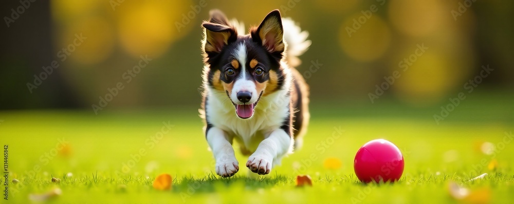Close-up of miniature american shepherd chasing ball outdoors, running, pet Close-up of miniature american shepherd chasing ball outdoors, running, pet