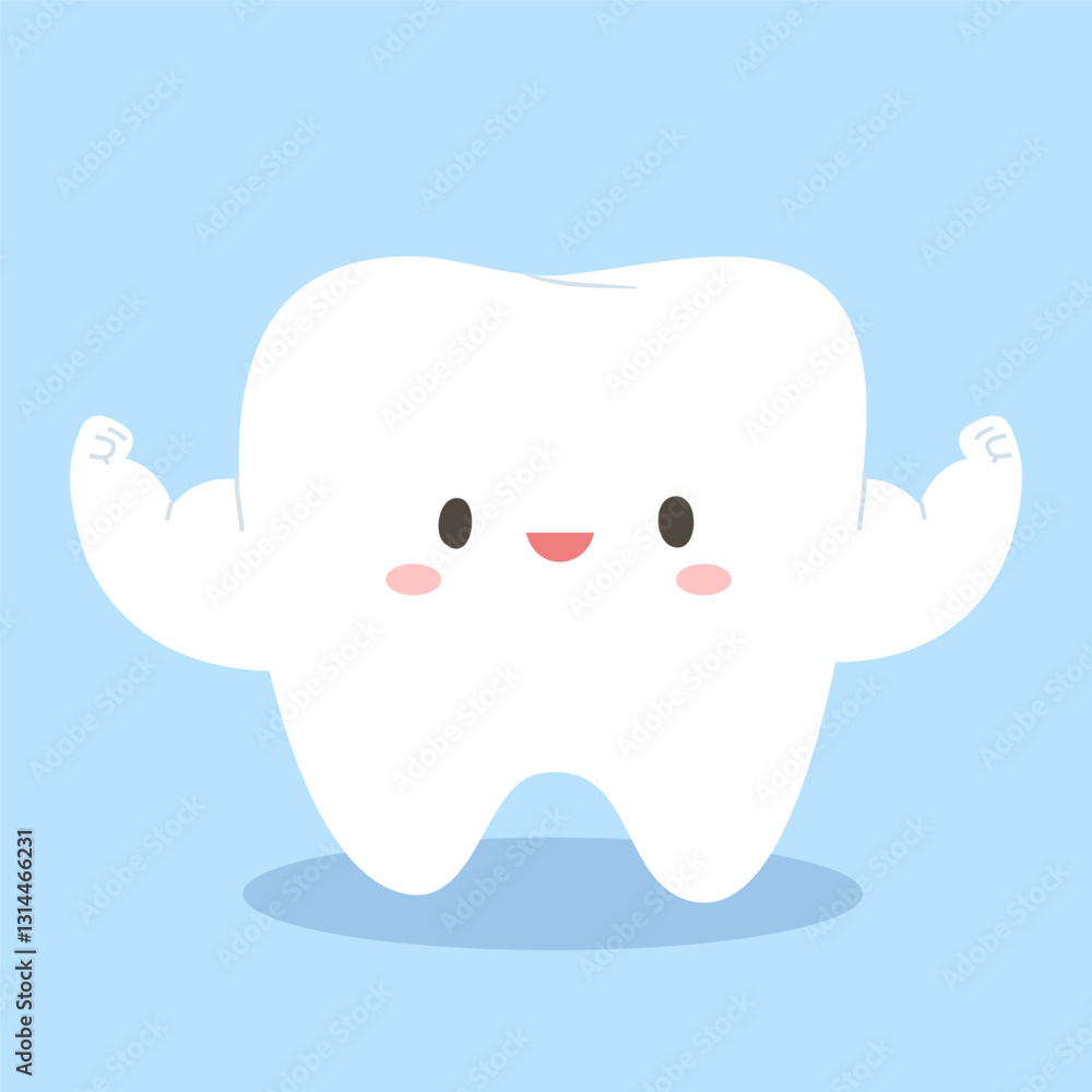 Obraz premium Cute and strong white tooth smiling on light blue background. Healthy tooth cartoon for kids, oral health, dental education, decoration, dentistry. Flat vector illustration.