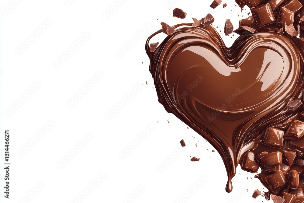 Melted chocolate in heart shape with chunks on white background Melted chocolate in heart shape with chunks on white background