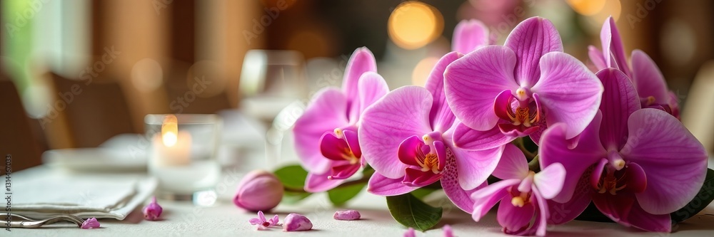 Close-up of orchid flower arrangement on a beautifully decorated wedding table, reception, event Close-up of orchid flower arrangement on a beautifully decorated wedding table, reception, event