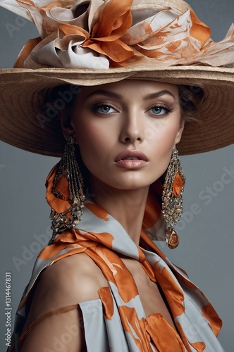 close-up of a model wearing an exquisite vintage-inspired outfit with a large, intricately designed hat and a high-collared blouse embellished. The ensemble showcasing a luxurious and sophisticated st