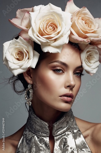 close-up of a model wearing an exquisite vintage-inspired outfit with a large, intricately designed hat and a high-collared blouse embellished. The ensemble showcasing a luxurious and sophisticated st