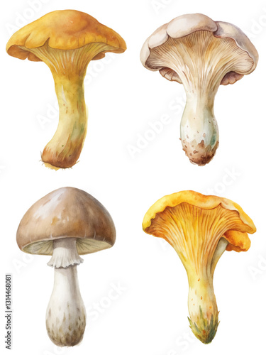 Watercolor mushroom illustrations, vibrant colors, botanical art, nature study, detailed textures, edible fungi.