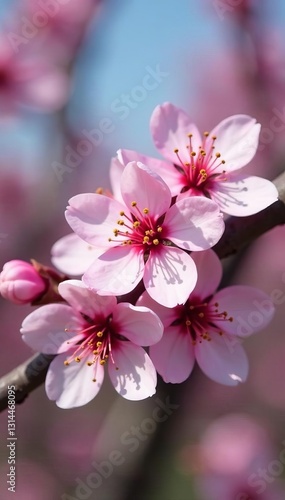 Close up of pink sakura blossom blooming on tree branch in spring, pink, tree