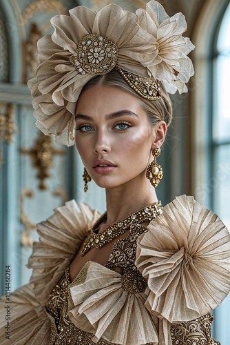 close-up of a model wearing an exquisite vintage-inspired outfit with a large, intricately designed hat and a high-collared blouse embellished. The ensemble showcasing a luxurious and sophisticated st
