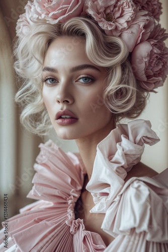 close-up of a model wearing an exquisite vintage-inspired outfit with a large, intricately designed hat and a high-collared blouse embellished. The ensemble showcasing a luxurious and sophisticated st