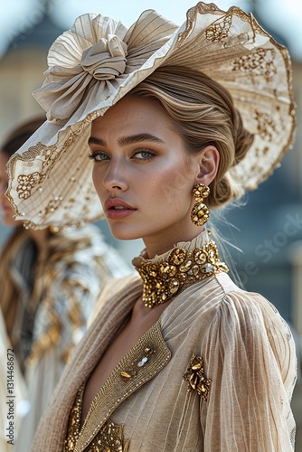 close-up of a model wearing an exquisite vintage-inspired outfit with a large, intricately designed hat and a high-collared blouse embellished. The ensemble showcasing a luxurious and sophisticated st