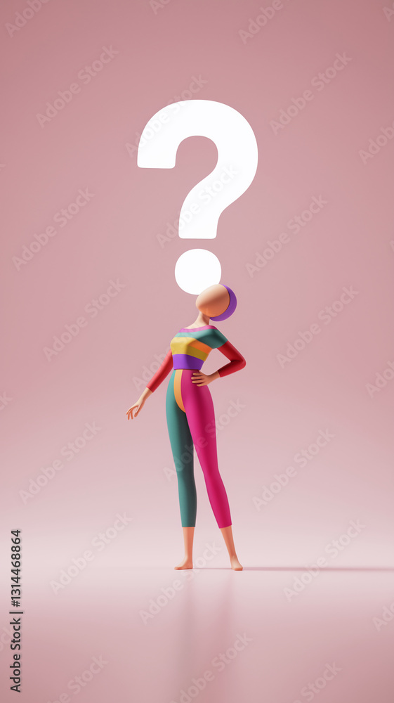 Colorful 3D character in leggings stands on pink background, large question mark above head, showcasing uncertainty or decision-making concept, free space for text Colorful 3D character in leggings stands on pink background, large question mark above head, showcasing uncertainty or decision-making concept, free space for text