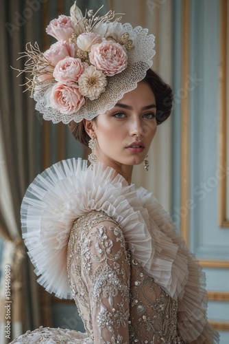 close-up of a model wearing an exquisite vintage-inspired outfit with a large, intricately designed hat and a high-collared blouse embellished. The ensemble showcasing a luxurious and sophisticated st