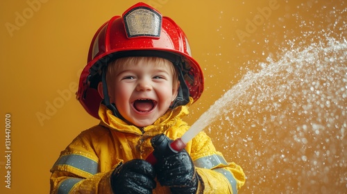 Happy Child Dressed as a Firefighter Spraying Water with a Hose