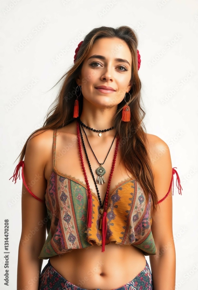 Young woman with light brown skin, bohemian top, and vibrant accessories Young woman with light brown skin, bohemian top, and vibrant accessories