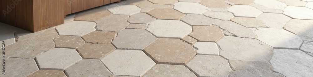 Fototapeta premium Close up of seamless hexagon tiles in natural stone material for bathroom floor, bathroom, hexagon, elegant