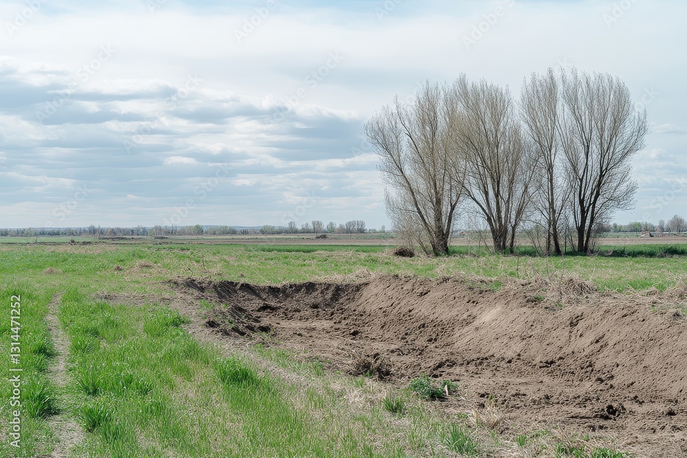 Fototapeta premium Serene Landscape with Bare Trees and Cloudy Sky in Spring Field