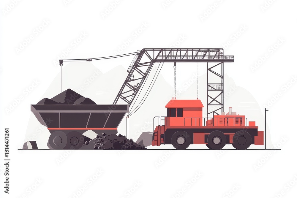 Naklejka premium Mining Equipment in Action with Crane and Dump Truck Loading Cargo