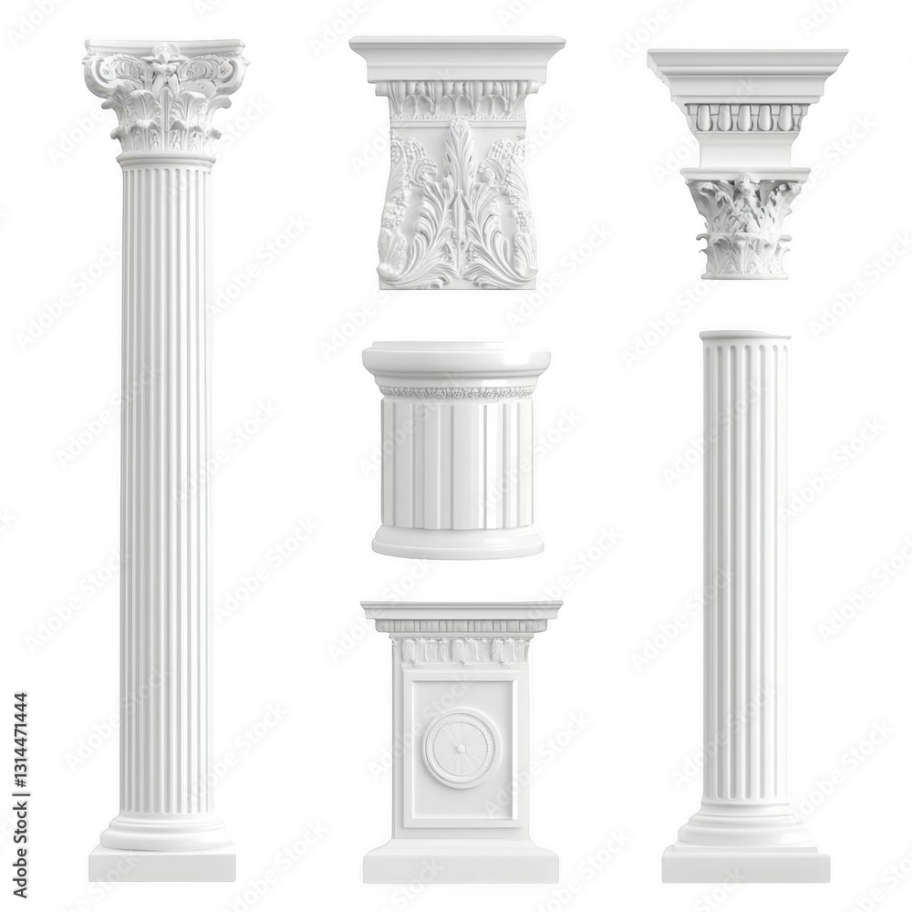 Obraz premium Elegant White Architectural Columns in Various Classical Styles