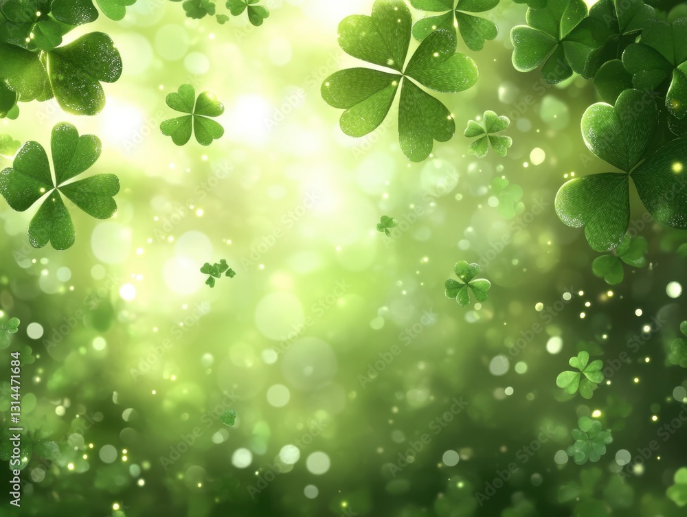 Lush Green Clovers Floating in a Dreamy Bokeh Light Background for St Patricks Day Celebration Lush Green Clovers Floating in a Dreamy Bokeh Light Background for St Patricks Day Celebration