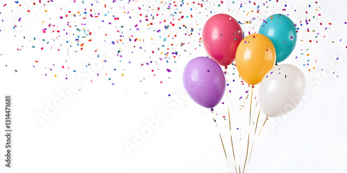 birthday party balloons, colourful balloons background and birthday cake with candles	