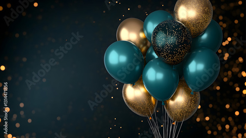 birthday party balloons, colourful balloons background and birthday cake with candles	