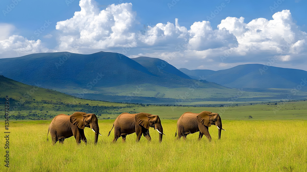 Fototapeta premium Elephants walking in a lush green landscape under a blue sky