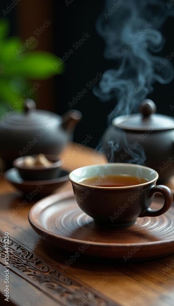 Close-up of tea utensils and incense burner on wooden table, Chinese, harmony Close-up of tea utensils and incense burner on wooden table, Chinese, harmony