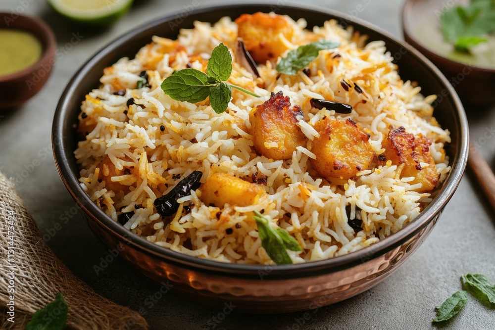 Delicious and aromatic shrimp biryani in a copper bowl with mint garnish on a gray background close up shot