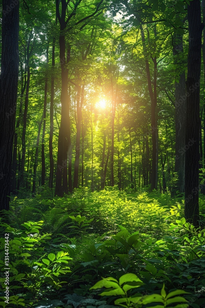 Obraz premium A tranquil forest scene with lush greenery and soft sunlight filtering through tall trees, creating a serene natural atmosphere.