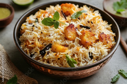 Obraz na płótnie Delicious and aromatic shrimp biryani in a copper bowl with mint garnish on a gray background close up shot w salonie