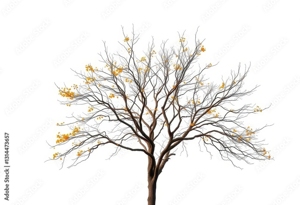 Fototapeta premium Lone deciduous tree, stark branches against pure white, flora, serene