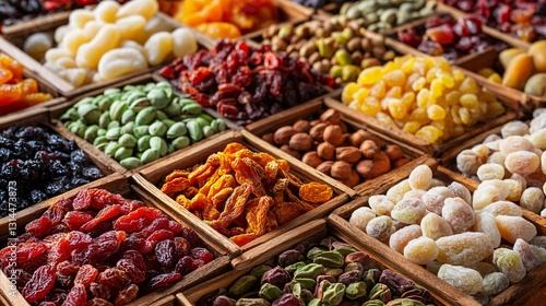 Healthy dried fruits, pistachio nuts, various fruits and vegetables