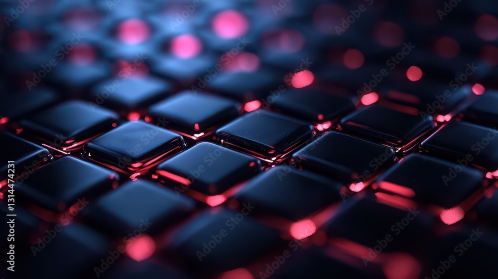 Fototapeta premium Glowing abstract grid of black and red tiles